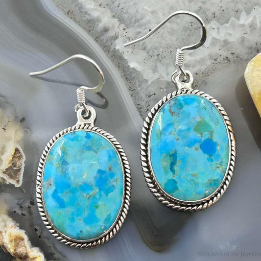 Sterling Silver Southwestern Style Oval Mojave Turquoise Dangle Earrings For Women