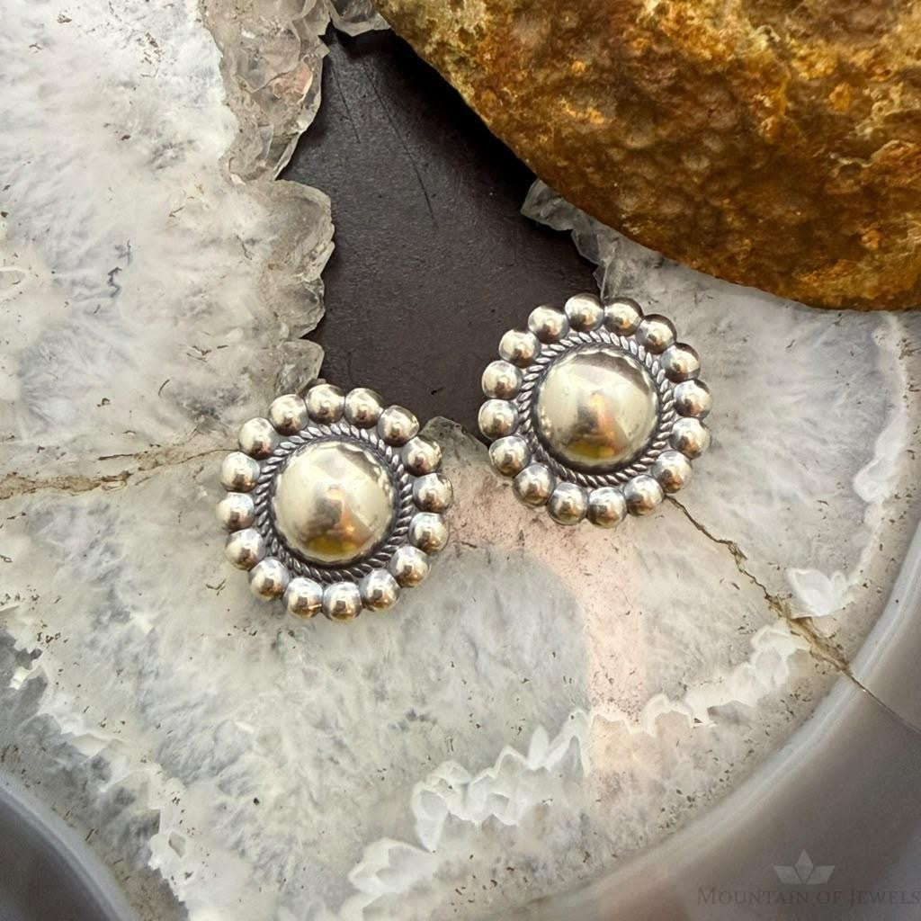 Native American Sterling Silver Round Dome Decorated Stud Earrings For Women #1