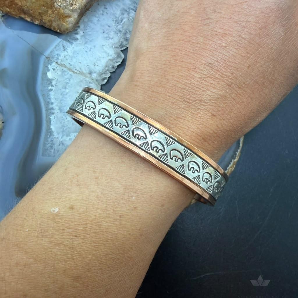 Wylie Secatero Navajo Sterling Silver & Copper Stamped Bear Bracelet For Men