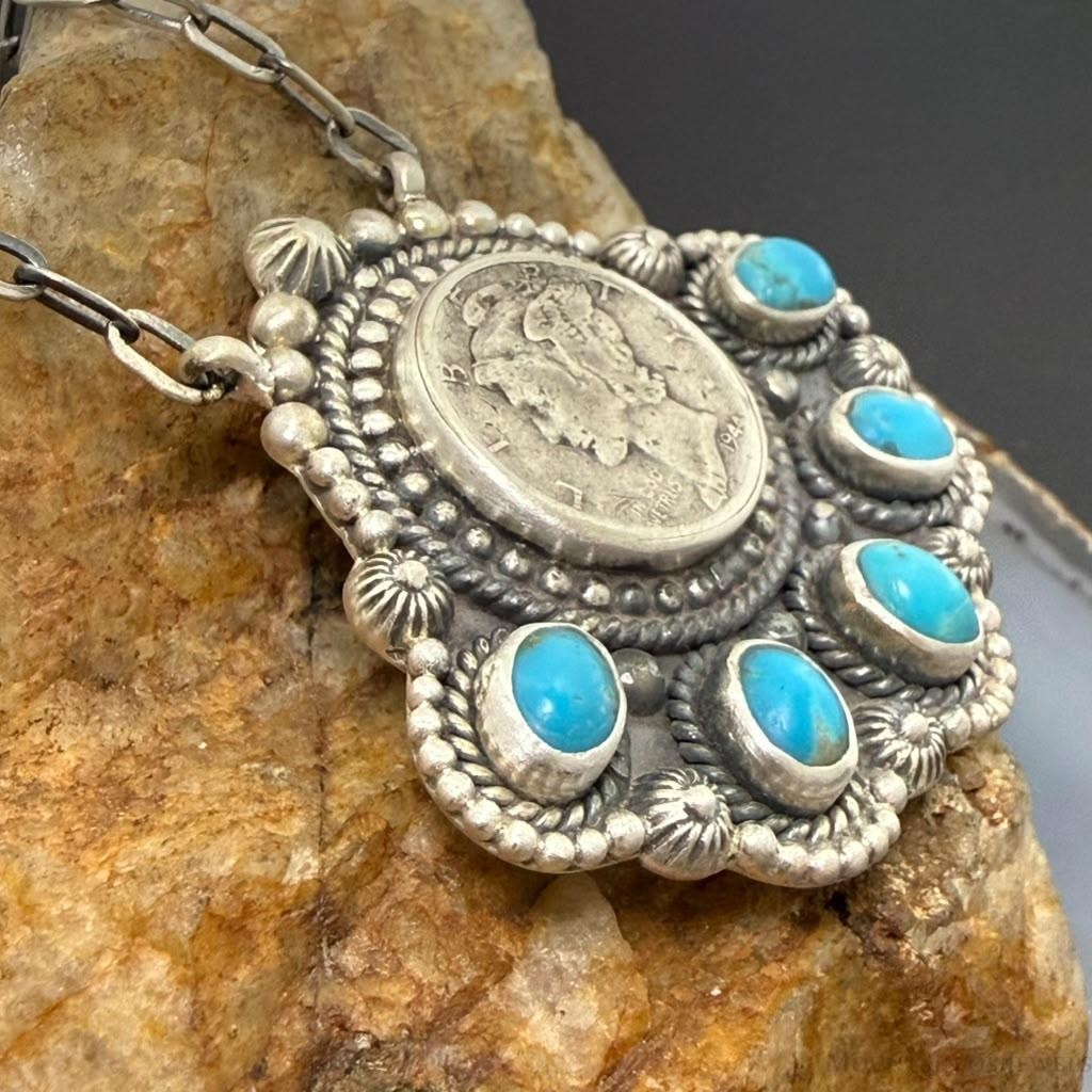 Sterling Silver Southwestern Style 1944 Mercury Dime & Kingman Turquoise Necklace For Women