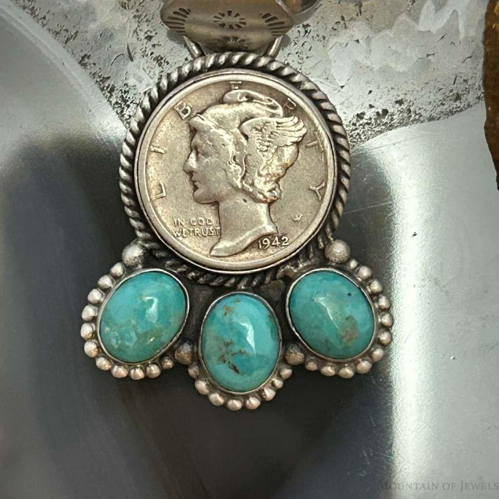 Genuine 1942 90% Silver Mercury Dime Coin Mohave Turquoise Unisex Pendant