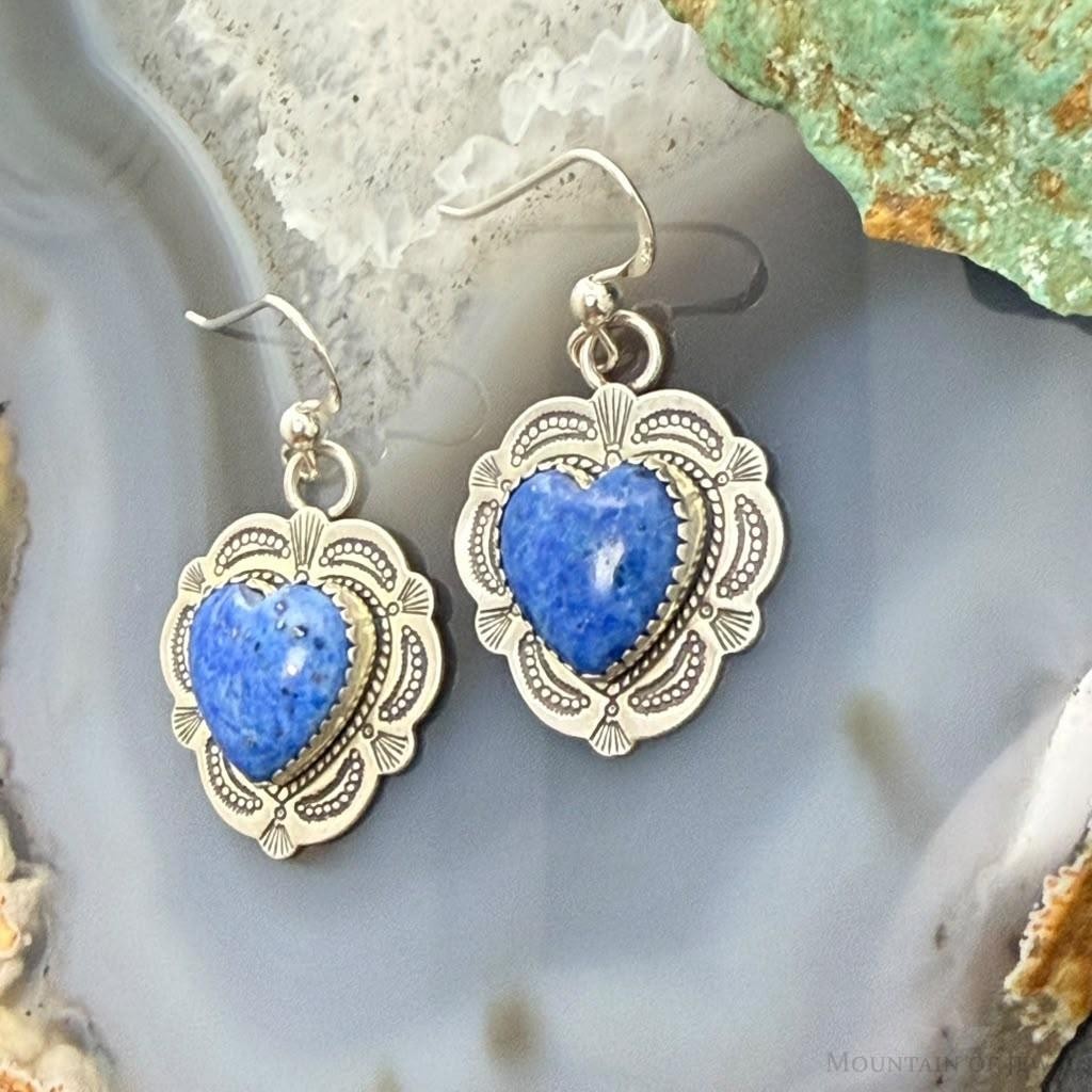 Vintage Signed Sterling Silver Denim Lapis Heart Dangle Earrings For Women