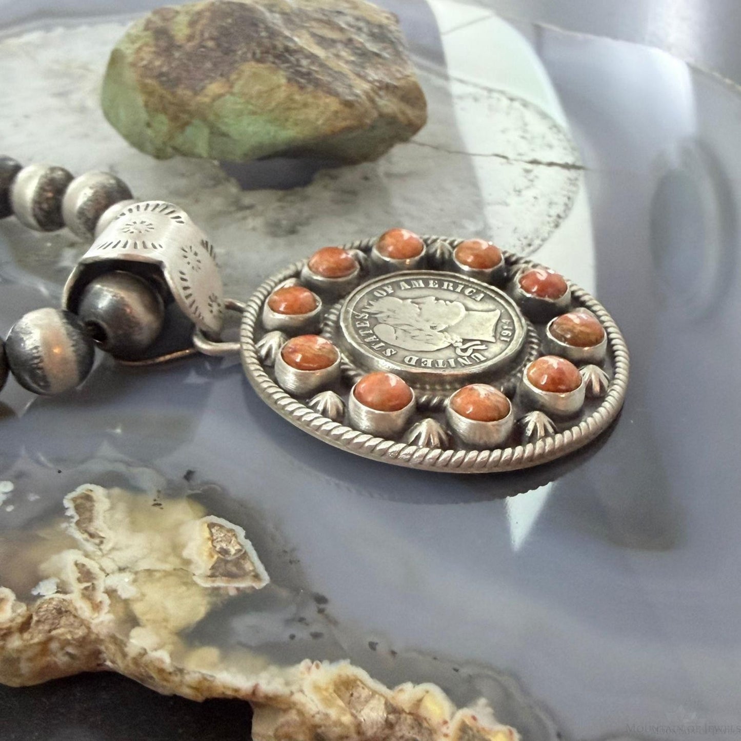 Genuine 1914 90% Silver Barber Head Dime Coin w/Orange Spiny Oyster Pendant