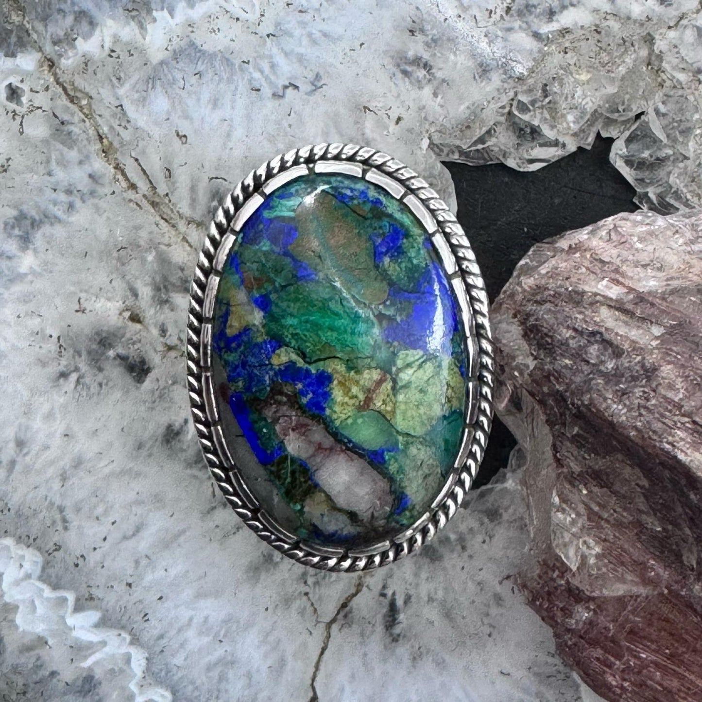Sterling Silver Southwestern Style Oval Malachite Azurite Ring Size 7.5 For Women