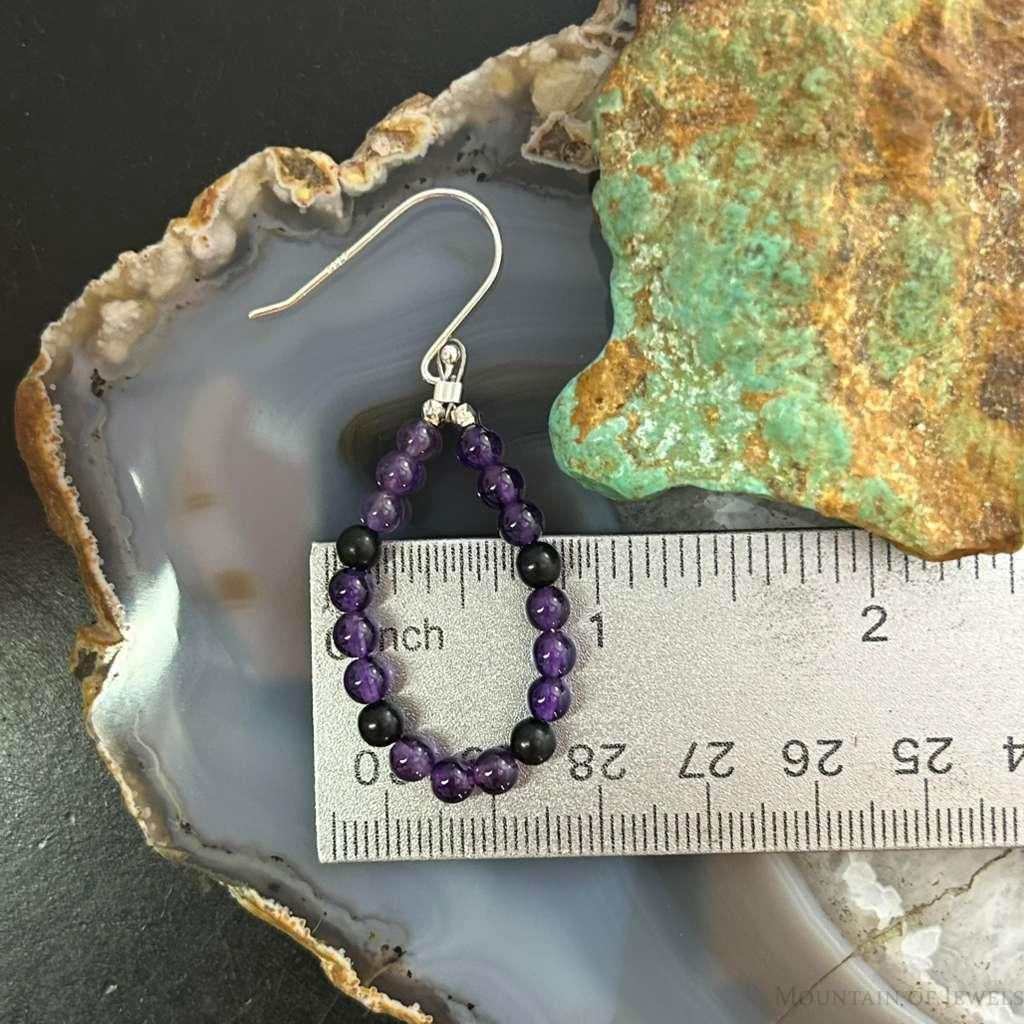 Sterling Silver Amethyst Beads Hoop Dangle Earrings For Women