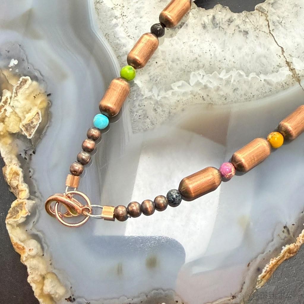 Southwestern Style Copper Navajo Pearl Round &Cylinder w/Multistone 18" Necklace For Women