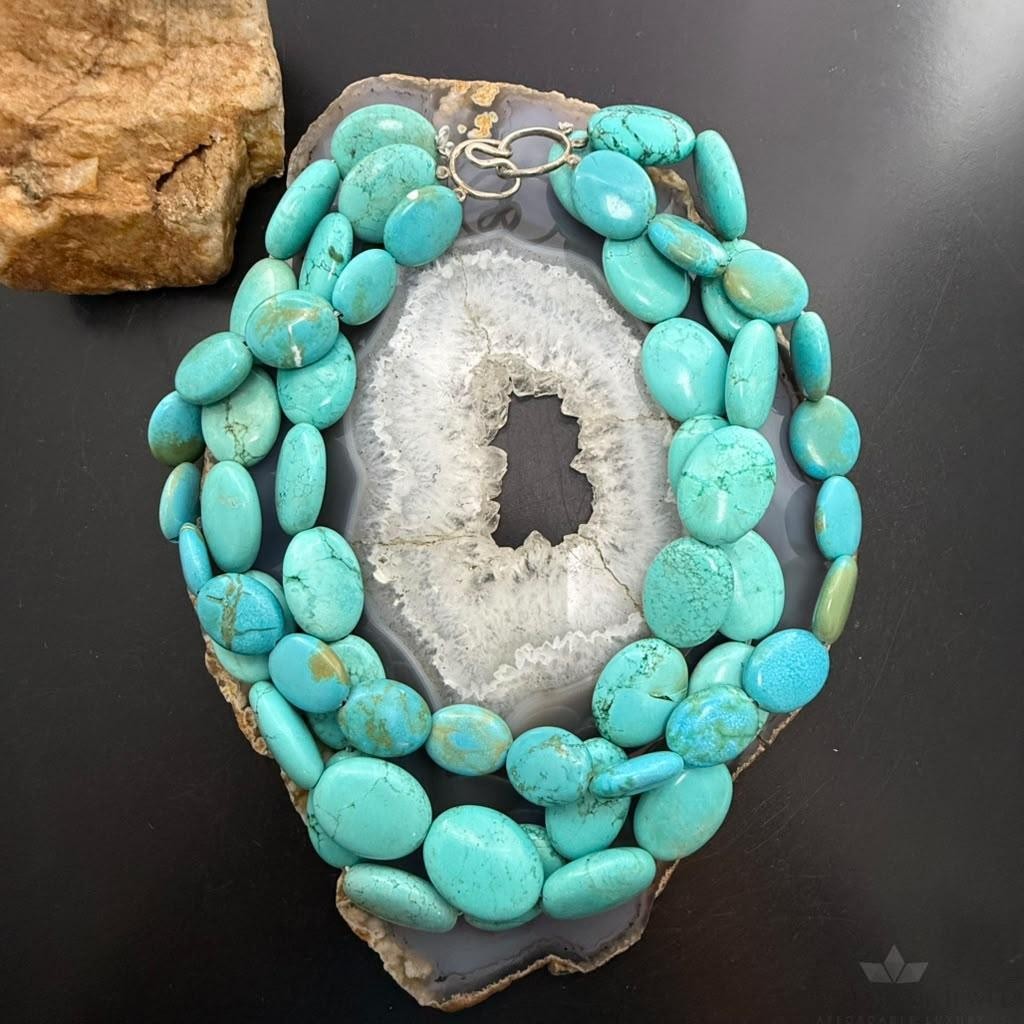 Vintage Native American Oval Turquoise Beads 3 Strands 14" Necklace For Women