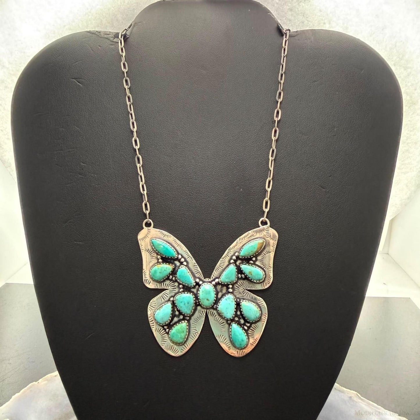 Sterling Silver Southwestern Style Kingman Turquoise Butterfly Pendant 20" Necklace For Women