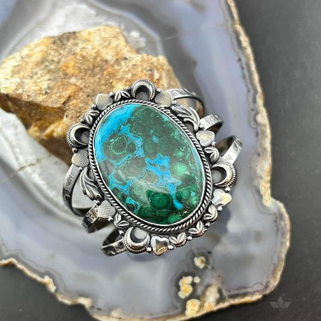 Sterling Silver Southwestern Style Large Oval Azurite Malachite Bracelet For Women