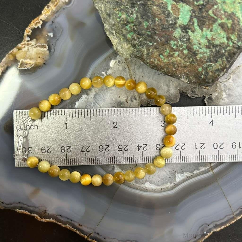 Sterling Silver 6mm Gold Tiger's Eye Beads Bracelet For Women