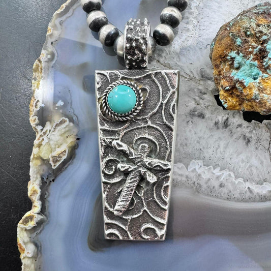 Cheyenne Custer Navajo Native American Sterling Silver & Turquoise Dragonfly Tufa Cast Unisex Pendant