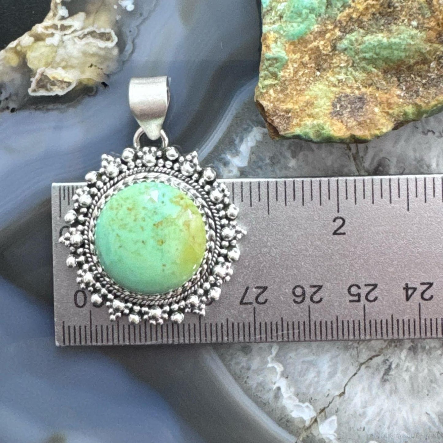 Sterling Silver Southwestern Style Round Green Turquoise Decorated Pendant For Women