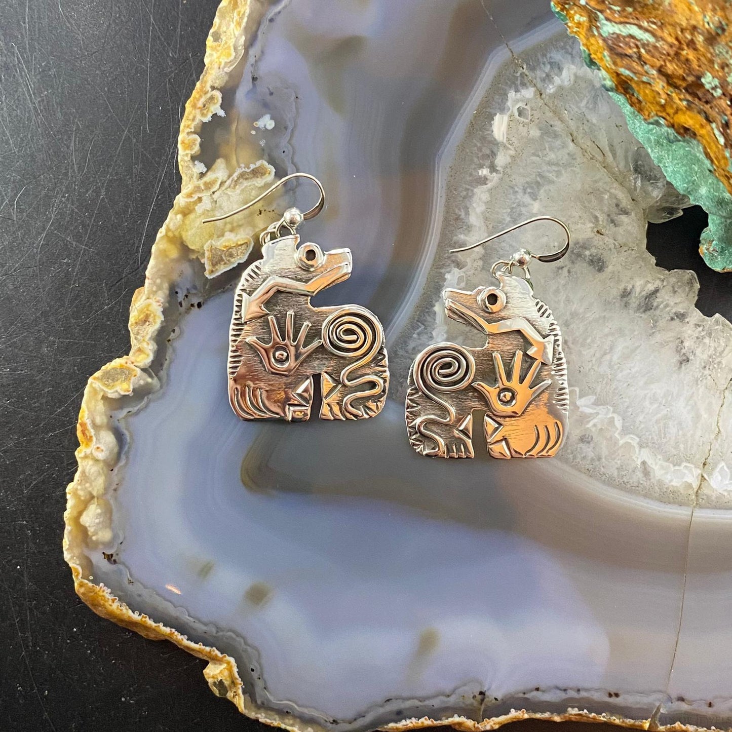 Brad Panteah Sterling Spirit Bear w/Petroglyph Symbols Dangle Earrings For Women