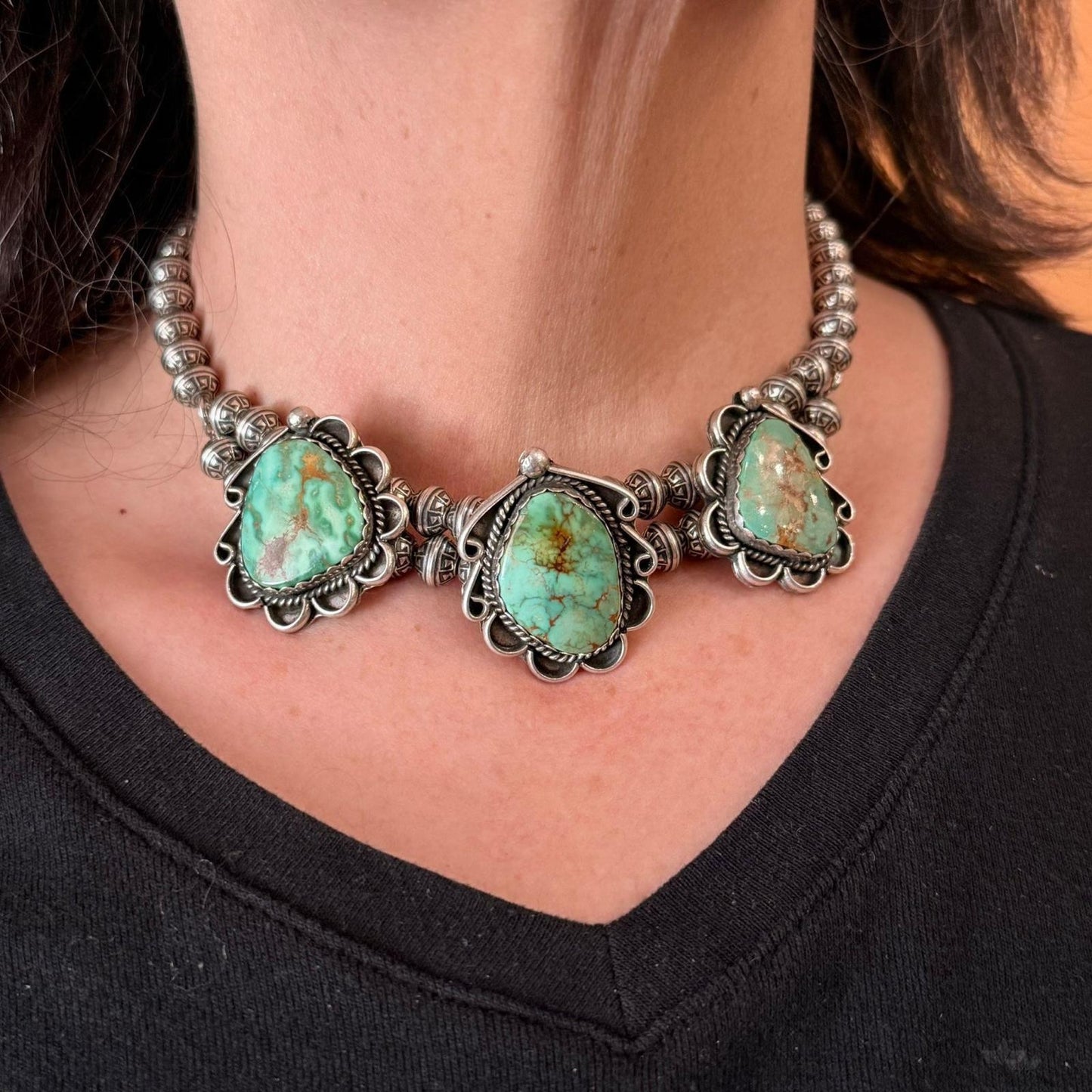 Native American Sterling Silver Royston Turquoise Decorated 14" Necklace For Women