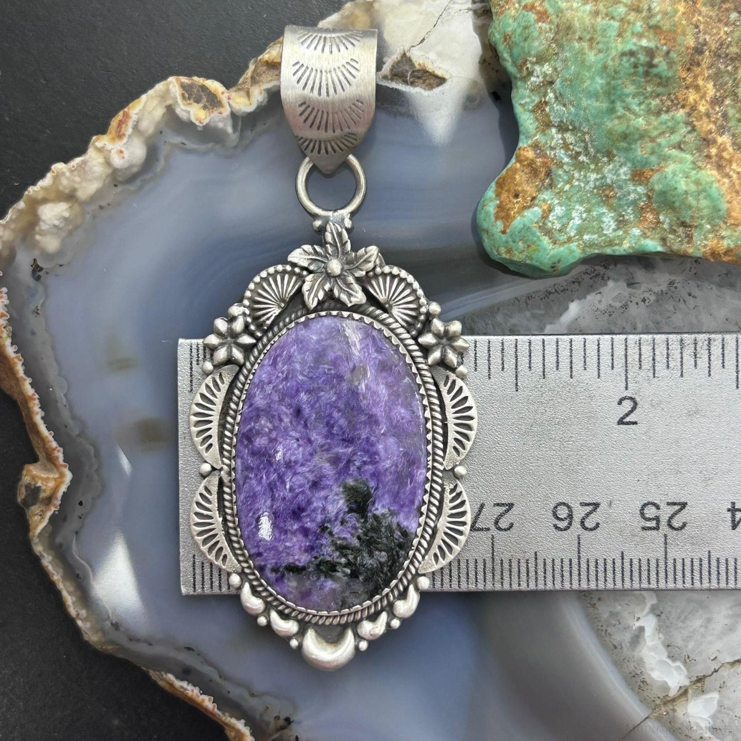 Sterling Silver Southwestern Style Oval Charoite Decorated Pendant For Women