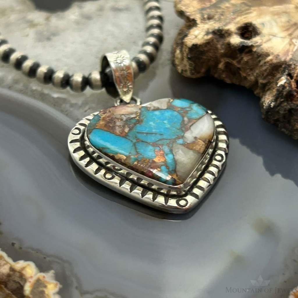 Sterling Southwestern Style Turquoise Spiny Oyster Heart Pendant For Women #1