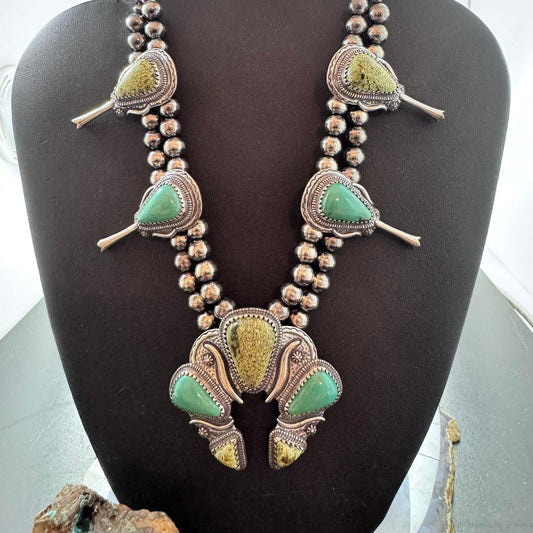 Carolyn Pollack Sterling Silver Turquoise & Serpentine Squash Blossom Necklace For Women