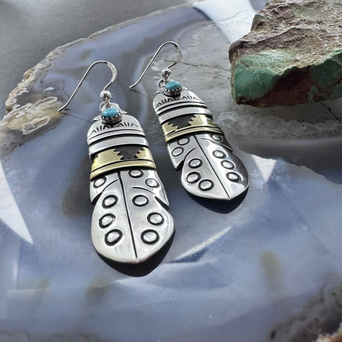 Tommy & Rosita Singer Sterling Silver & Gold Filled Turquoise Feather Dangle Earrings For Women