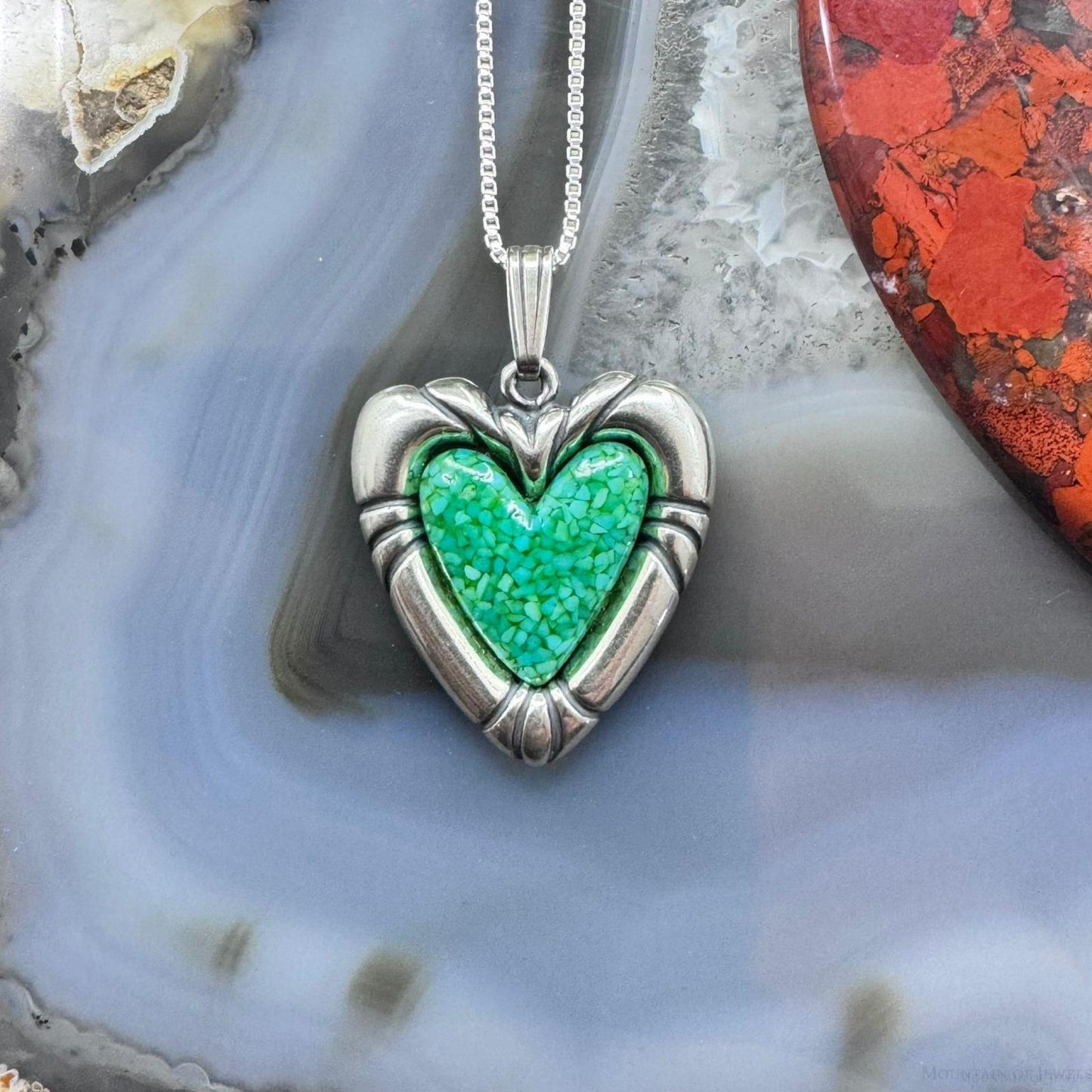 Carolyn Pollack Sterling Silver Heart Green Turquoise Chip Inlay Pendant W/18" Necklace For Women