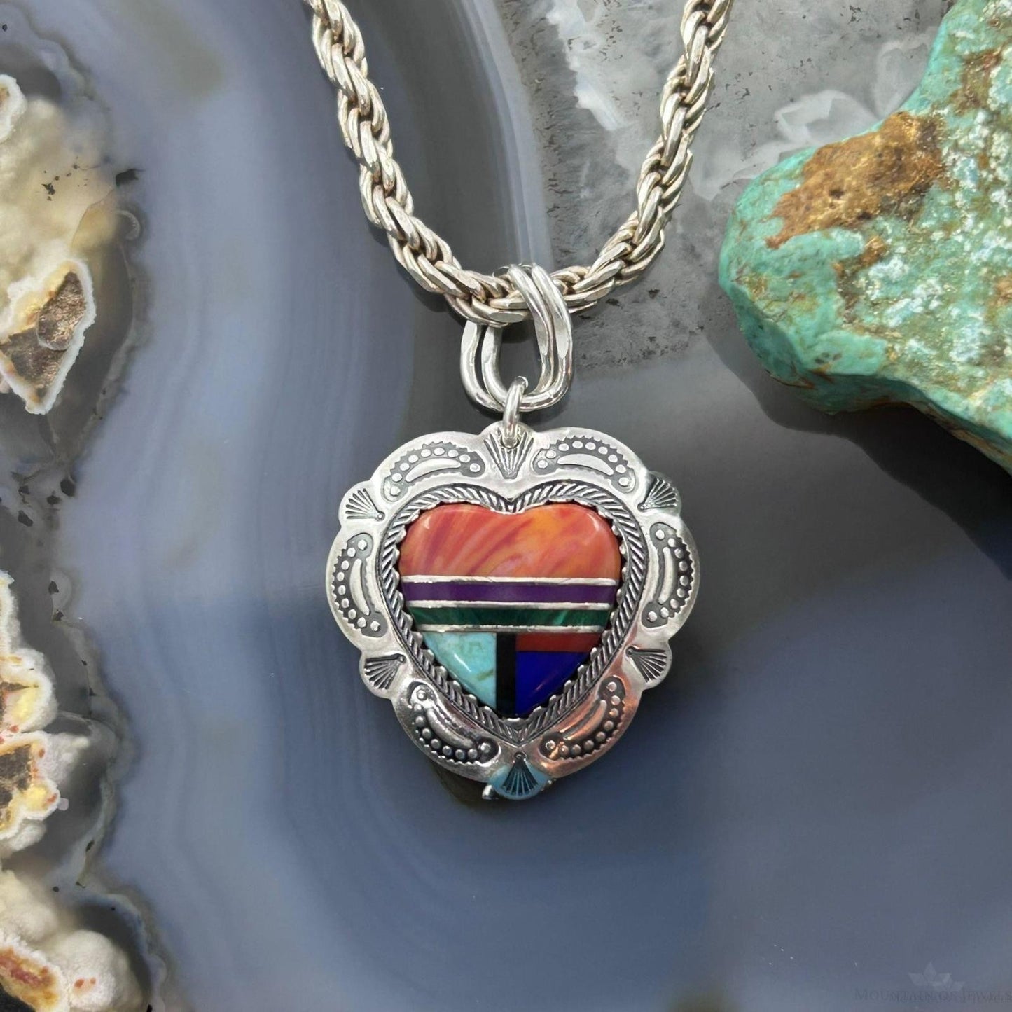 QT Quoc Sterling Silver Southwestern Style Multistone Inlay Heart Pendant For Women