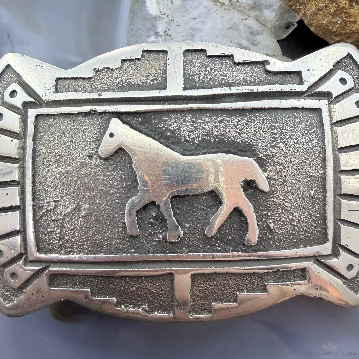 Emerson Kinsel Native American Sterling Silver Overlay Horse Belt Buckle For Men