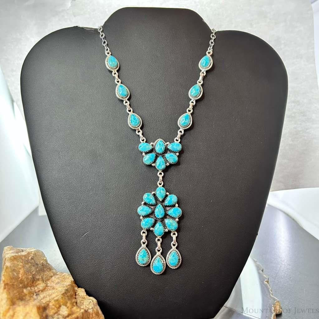 Sterling Silver Southwestern Style 25 Teardrop Turquoise Cluster 17" Necklace For Women