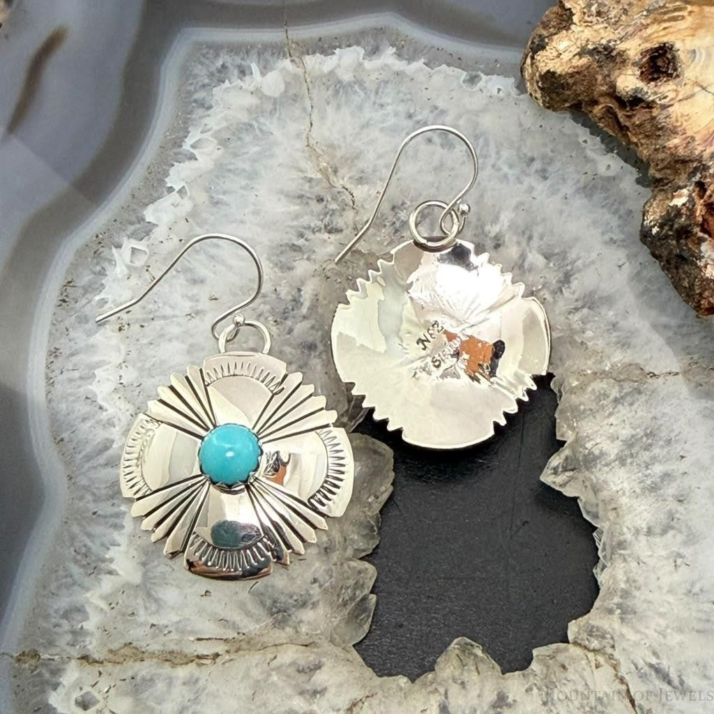 Michael Nez Navajo Sterling Silver Round Turquoise Stamped Dangle Earrings For Women
