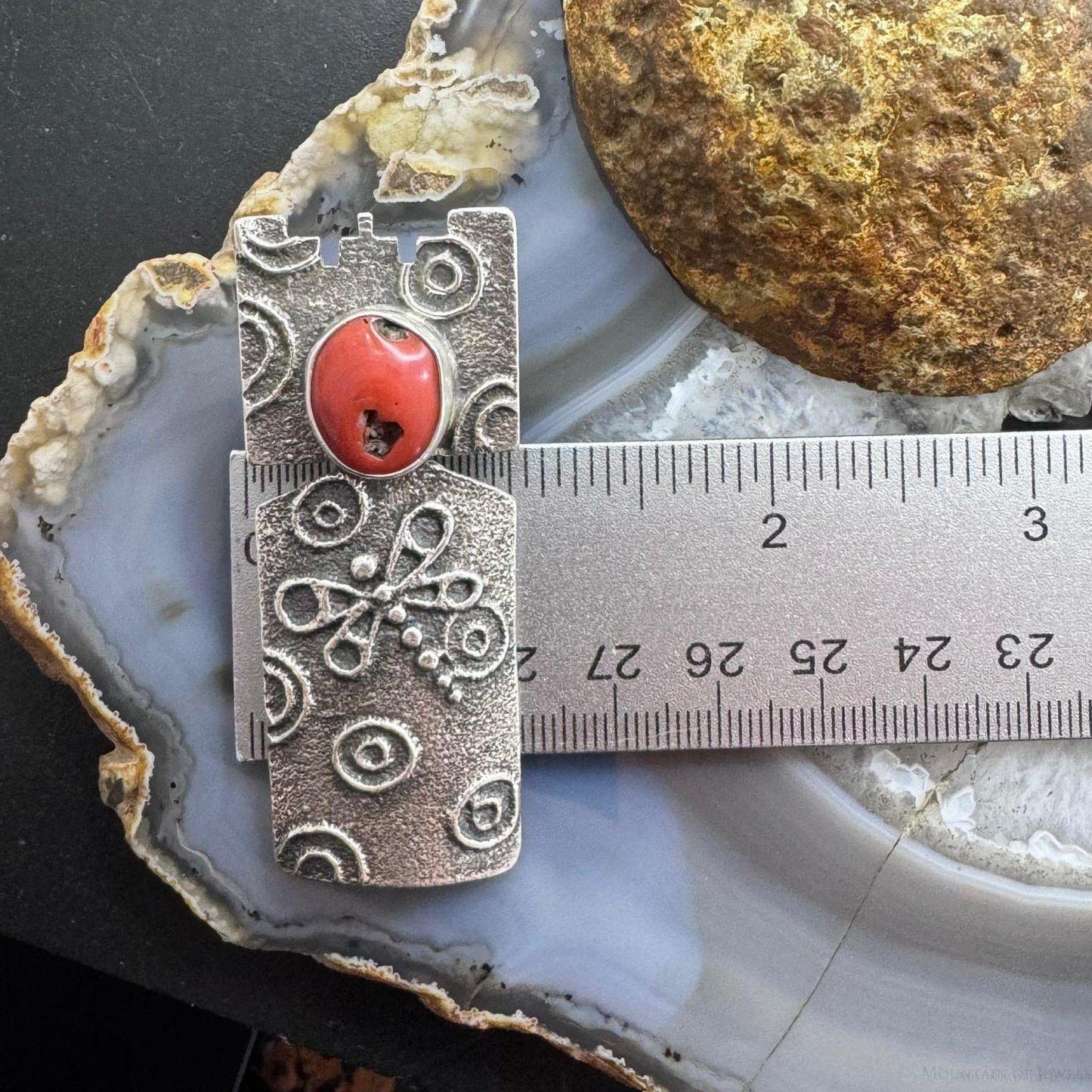 Cordell Pajarito Sterling  Silver Mediterranean Coral Tufa Cast Decorated Unisex Pendant