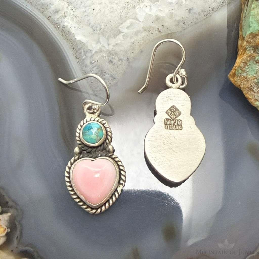 Sterling Silver Southwestern Style Pink Conch & Turquoise Dangle Earrings For Women