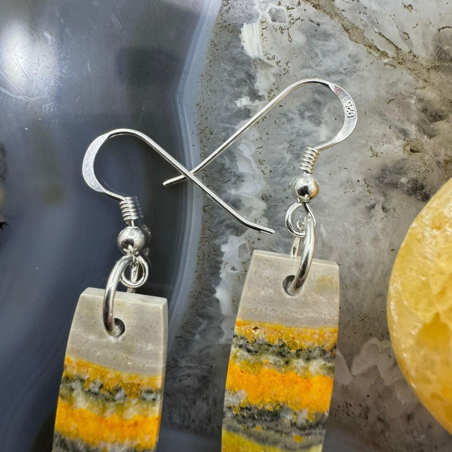 Sterling Silver Elongated Barrel Bumblebee Jasper Slab Dangle Earrings For Women #204