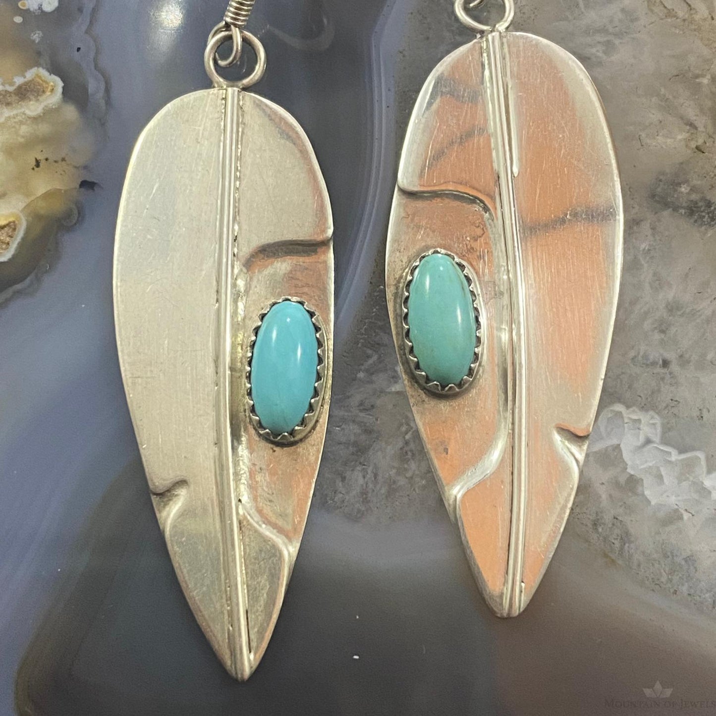 Signed Native American Sterling Silver Leaf Turquoise Dangle Earrings For Women