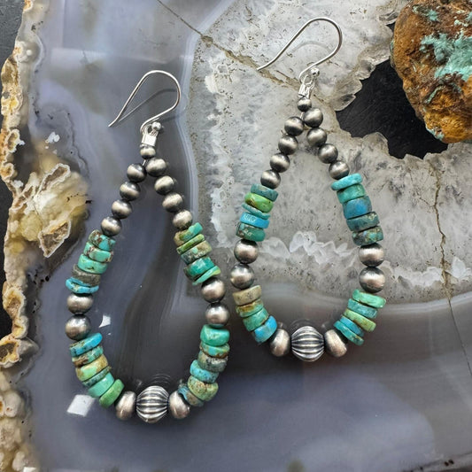 Sterling Silver 4-6mm Navajo Pearl Southwester Style & 6mm Turquoise Bead Hoop Earrings For Women