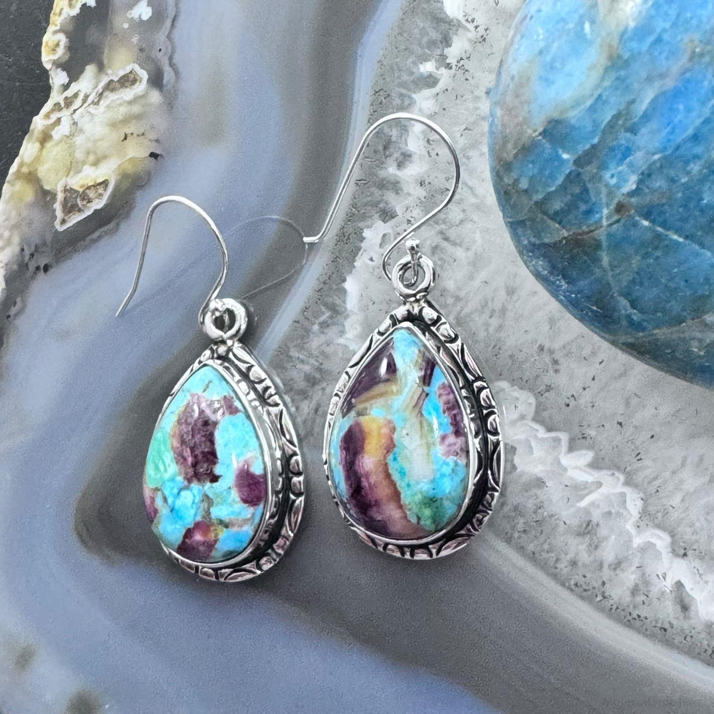 Native American Sterling Silver Turquoise & Spiny Oyster Composite Dangle Earrings For Women #1