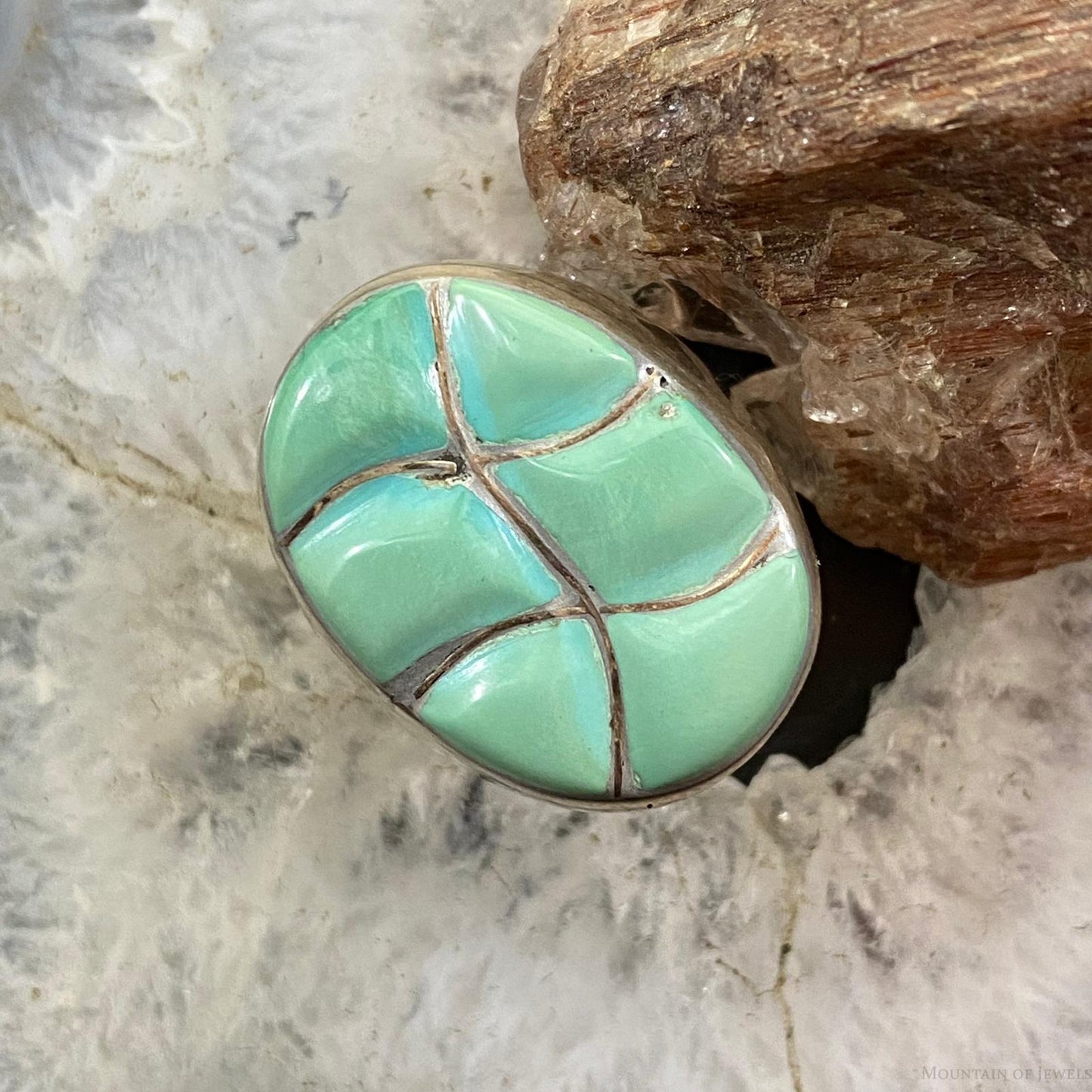Native American Silver Oval Turquoise Inlay Unisex Shield Ring Size 9