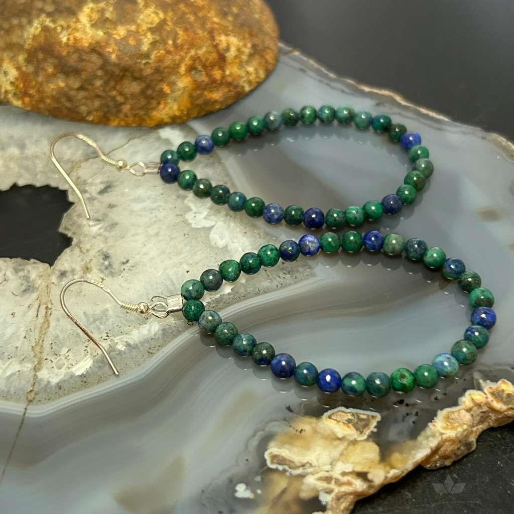 Sterling Silver 4mm Rounded Azurite Malachite Hoop Dangle Earrings For Women