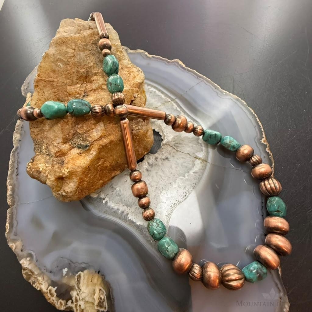 Southwestern Style 3-9.5mm Copper Navajo Pearl,Cylinder&Turquoise Beads Necklace For Women