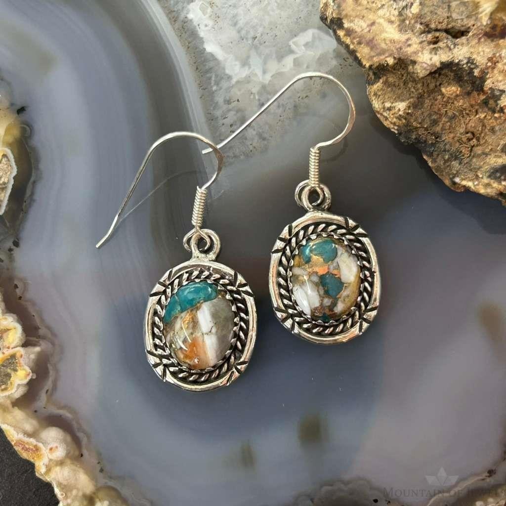Sterling Silver Southwestern Style Spiny Oyster Turquoise Dangle Earrings For Women #3