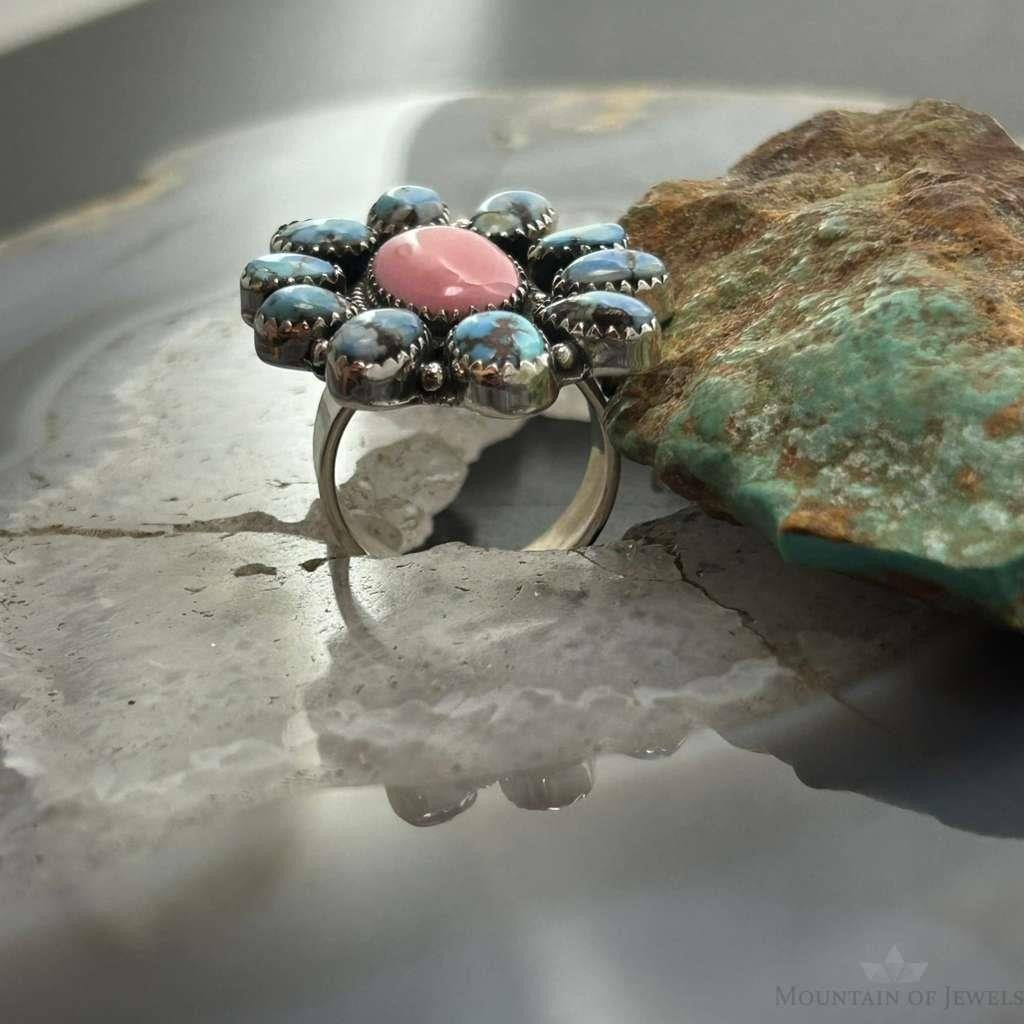 Sterling Silver Southwestern Style Pink Conch &Turquoise Adjustable Cluster Ring For Women