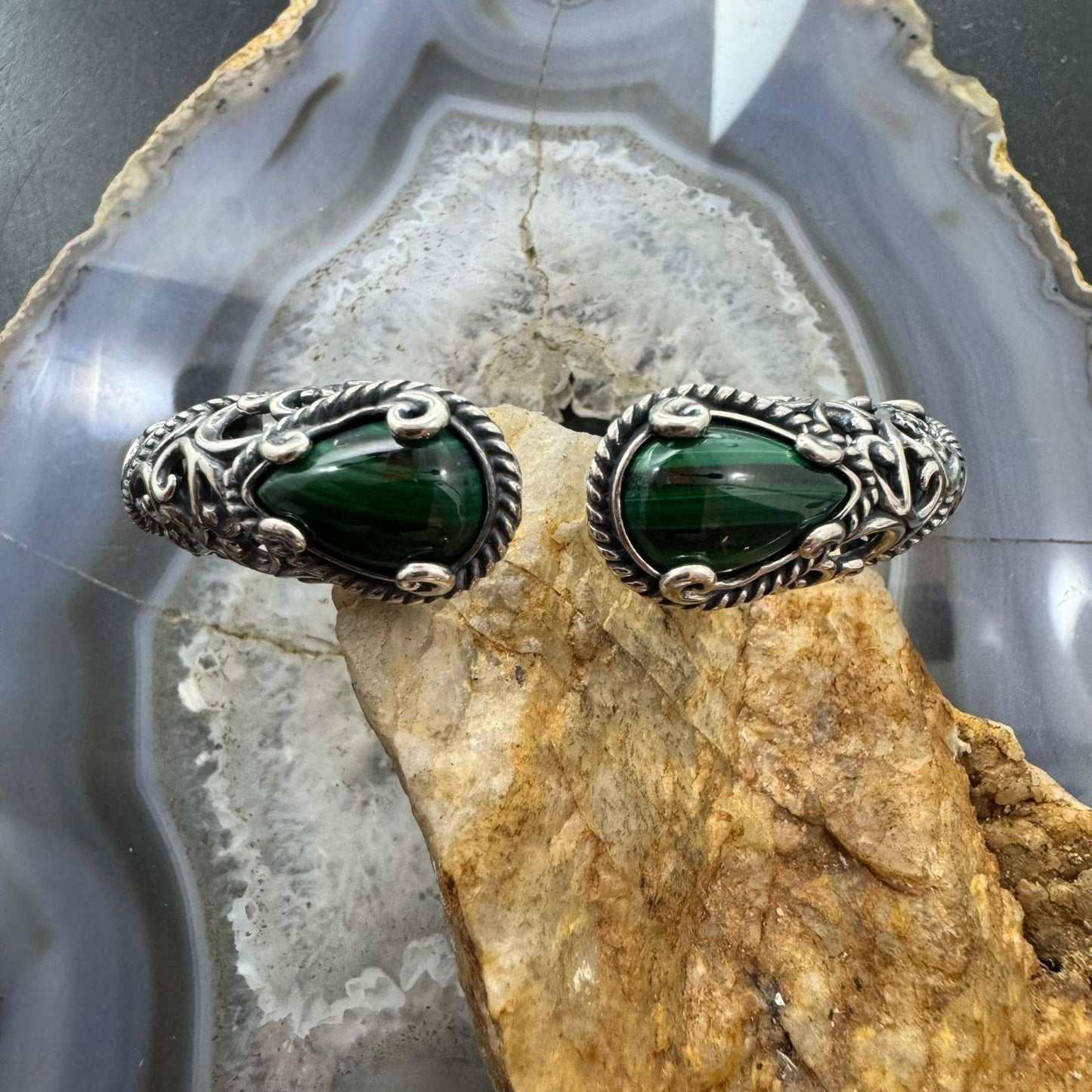 Carolyn Pollack Sterling Silver Malachite Decorated Hinged Bracelet For Women