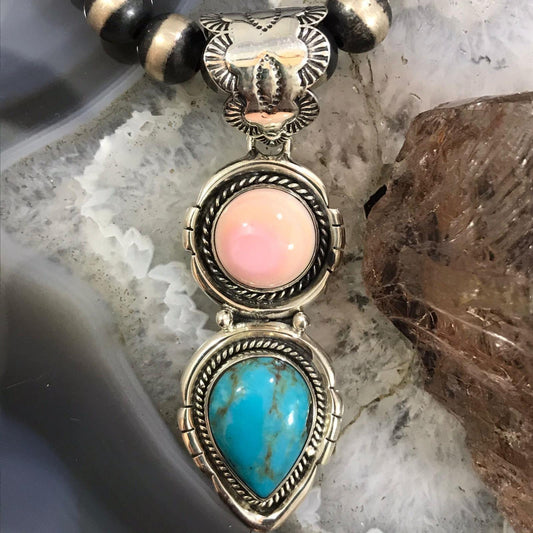 Native American Sterling Silver Pink Conch Shell & Turquoise Pendant For Women #2
