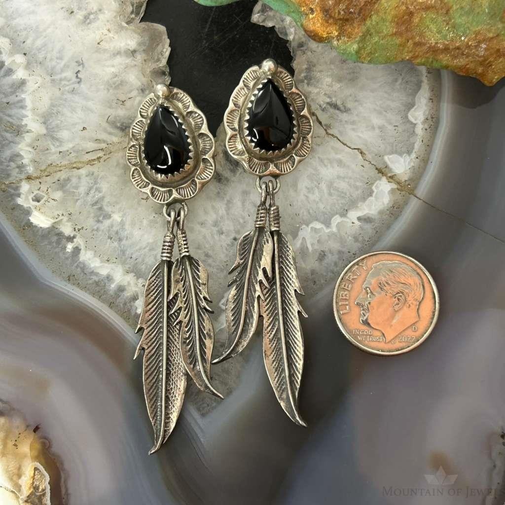 Albert Payton Native American Sterling Silver Teardrop Onyx W/Feathers Dangle Earrings For Women