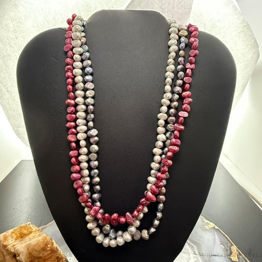 Sterling Silver 3 Strands Pink,Black,Gray Freshwater Pearl 17'-19" Necklace For Women