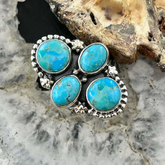 Sterling Silver Southwestern Style Mohave Turquoise Cluster Ring Size 6.75 For Women