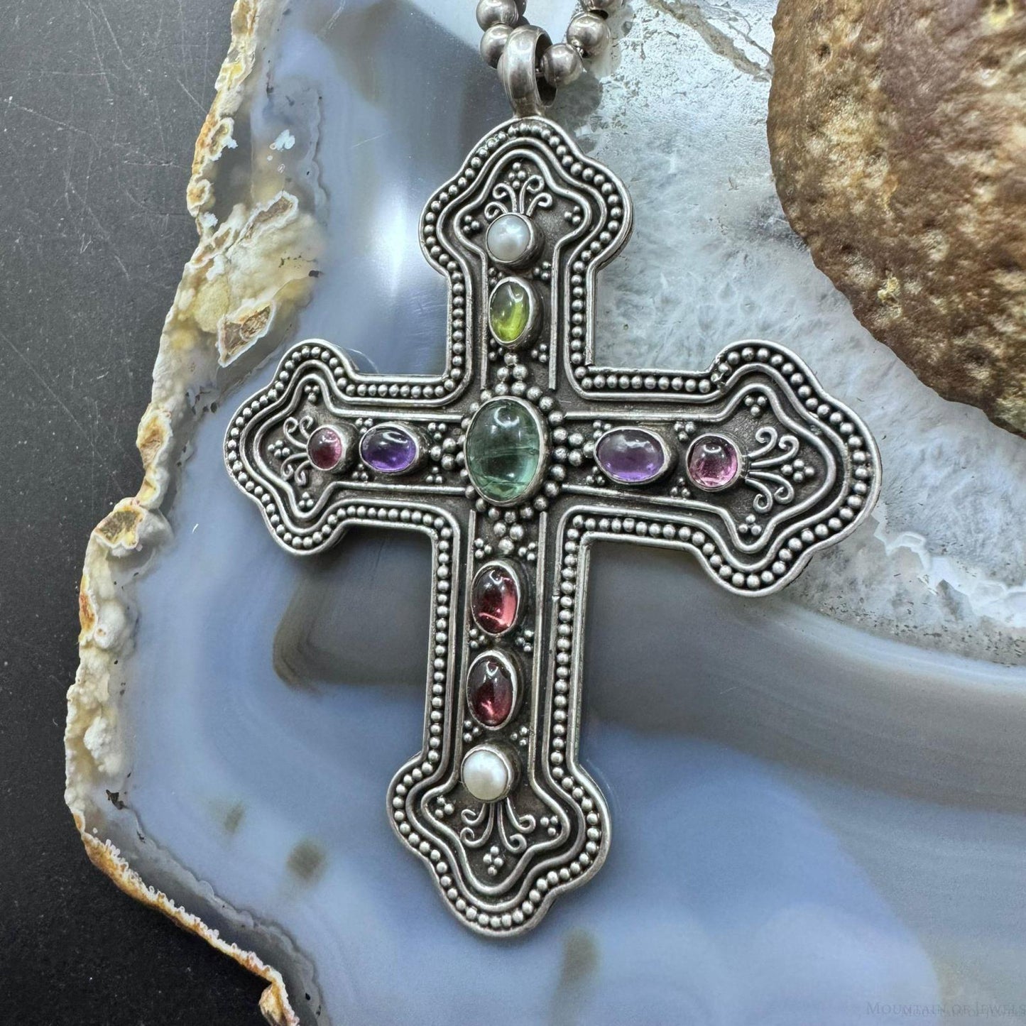 Vintage Sterling Silver Multi Gemstone Cross Pendant W/Brads Bead Chain Necklace