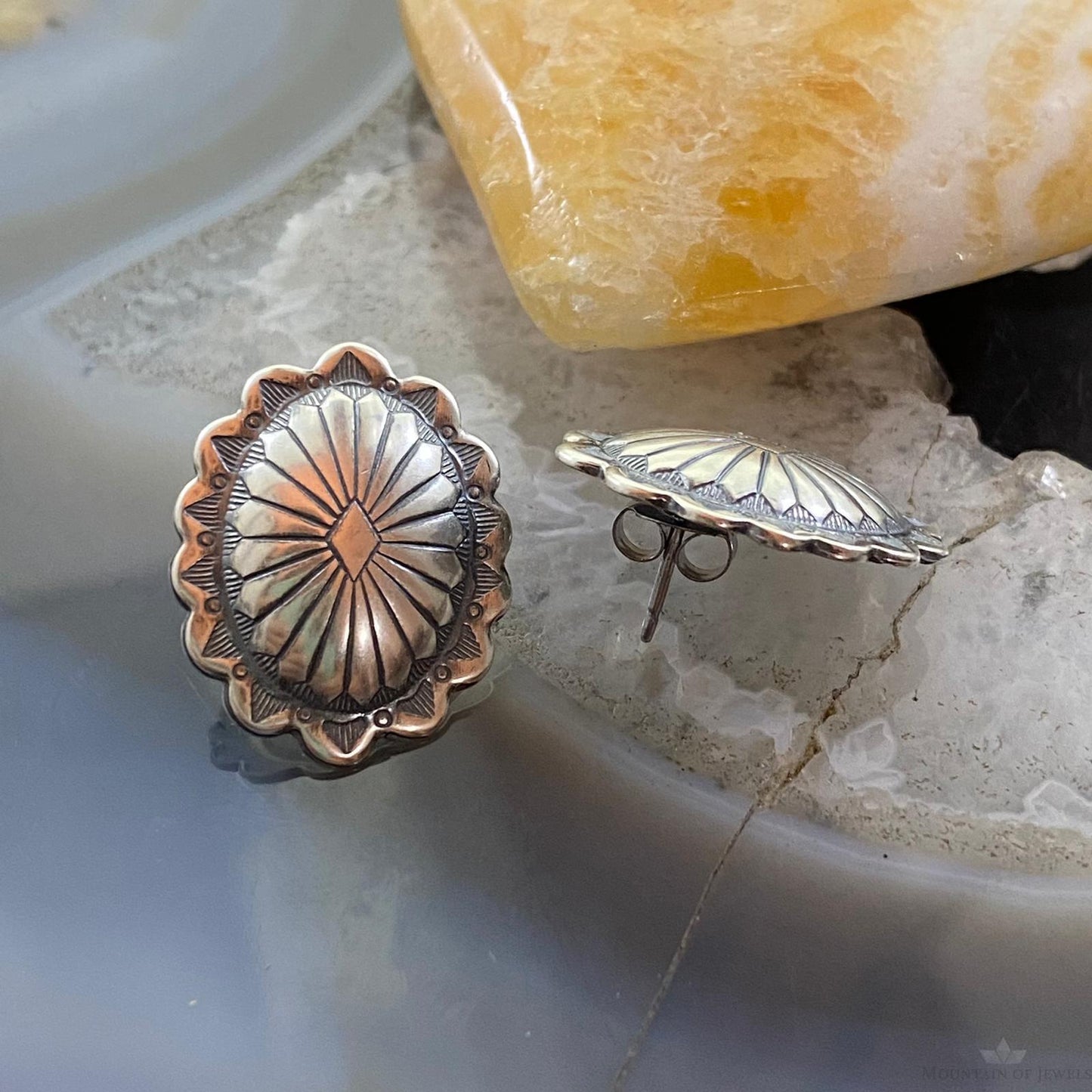 Native American Sterling Silver Oval Stamped Concho Stud Earrings For Women