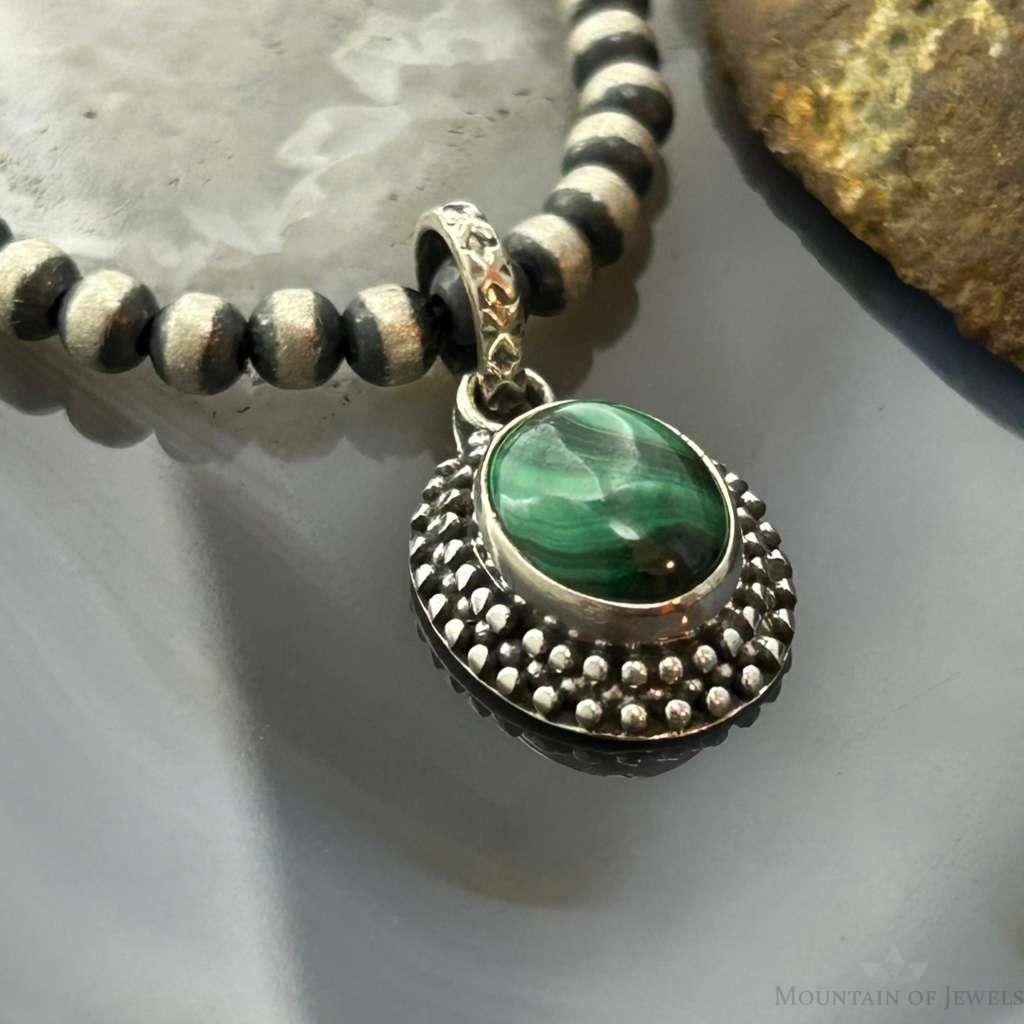 Sterling Silver Southwestern Style Oval Malachite Decorated Charm/Pendant For Women