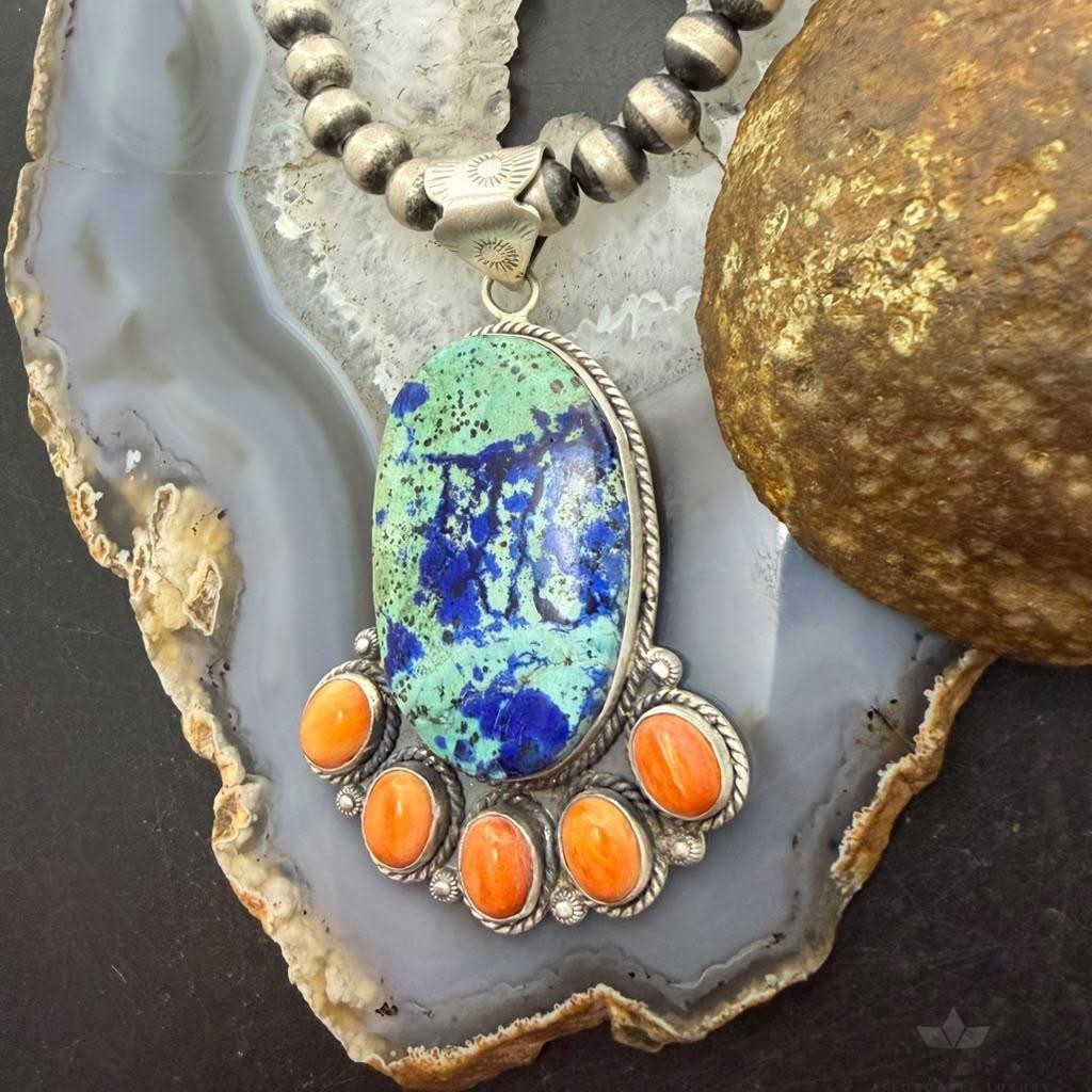 Sterling Silver Southwestern Style Azurite Chrysocolla & Spiny Oyster Decorated Pendant