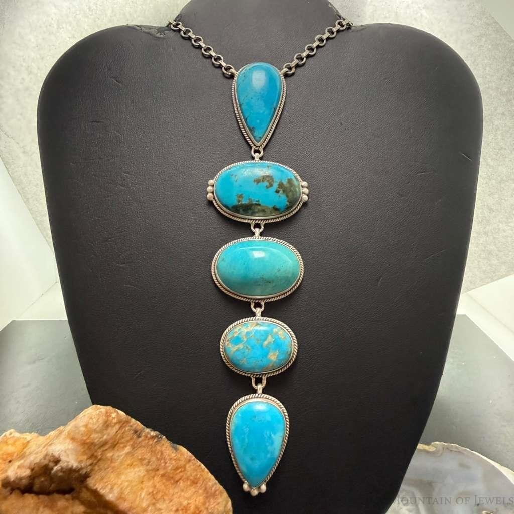 Sterling Silver Southwestern Style Kingman Turquoise 32" Necklace For Women #1
