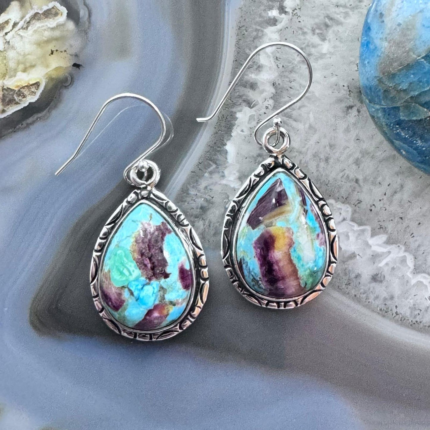 Native American Sterling Silver Turquoise & Spiny Oyster Composite Dangle Earrings For Women #1