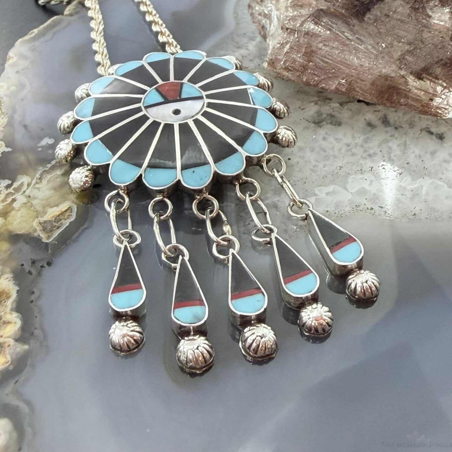 Abel Soseeah Native American Sterling Silver Zuni Inlay Sunface Pendant/Brooch For Women